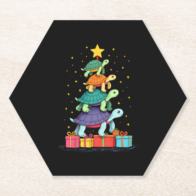 Turtle Tree Christmas Tree Adorable Turtle Christm Paper Coaster (Front)