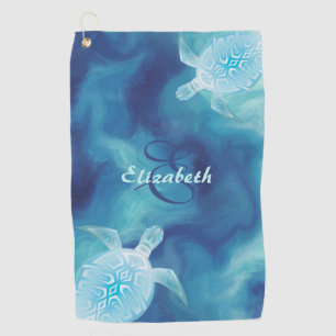 Turtle Tribal Blue Watercolor Monogram Beach Golf Towel
