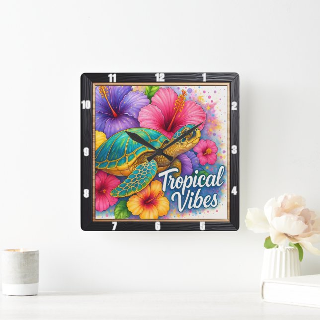 Turtle Tropical Vibes Art Square Wall Clock (Home)