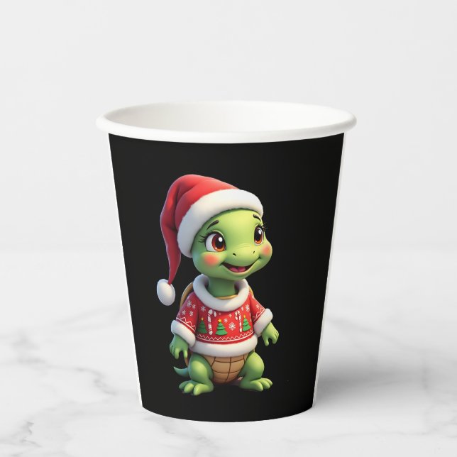Turtle Ugly Sweater Santa Hat Christmas T-Shirt (1 Paper Cups (Front)