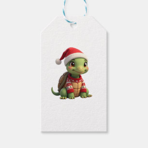 Turtle Ugly Sweater Santa Hat Christmas T-Shirt (2 Gift Tags