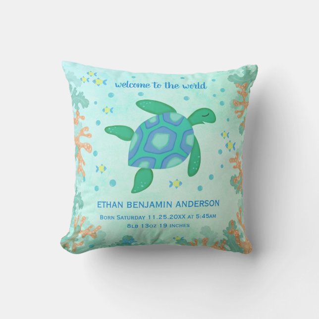 Turtle Under The Sea Baby Birth Throw Pillow (Front)