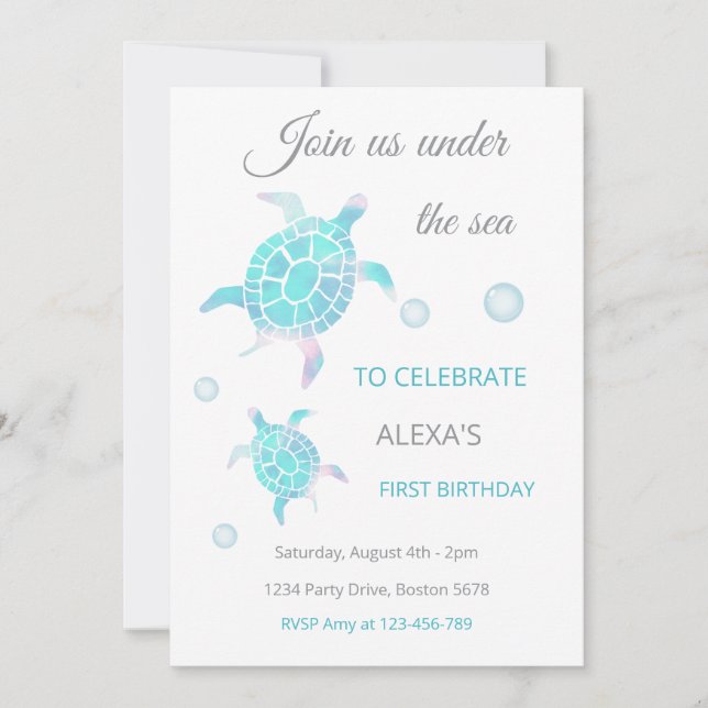 Turtle Under The Sea Watercolor  1st Birthday  Invitation (Front)