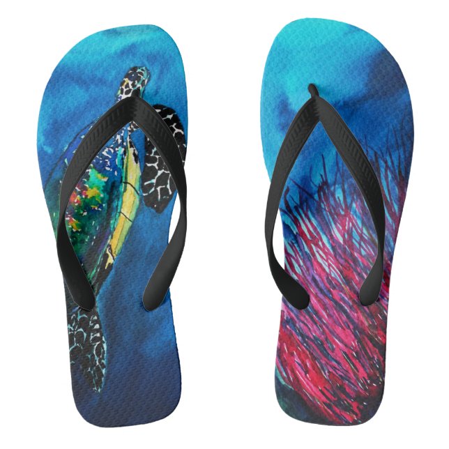 Turtle underwater, Blue Ocean coral reef Flip Flops (Footbed)