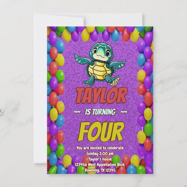 Turtle Unique Personalized Birthday Invite Kids (Front)