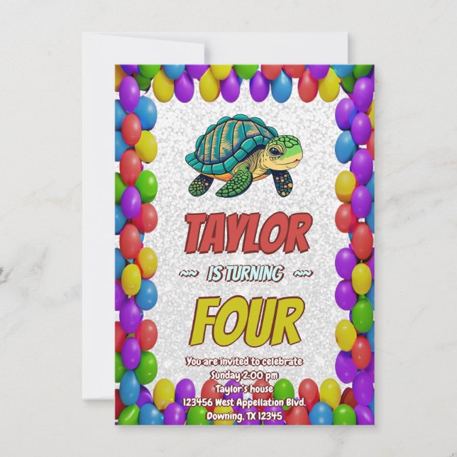 Turtle Unique Personalized Birthday Invite Kids (Front)