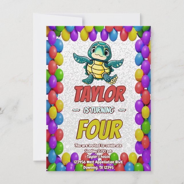 Turtle Unique Personalized Birthday Invite Kids (Front)