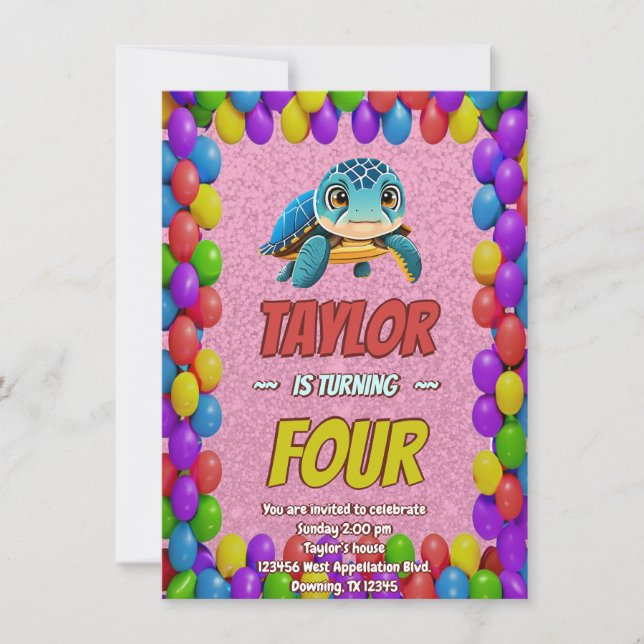 Turtle Unique Personalized Birthday Invite Kids (Front)