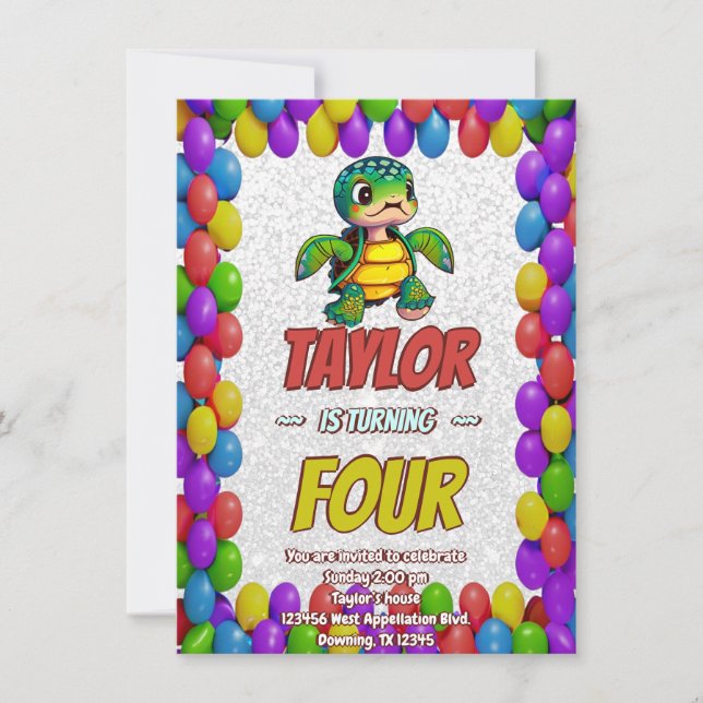 Turtle Unique Personalized Birthday Invite Kids (Front)