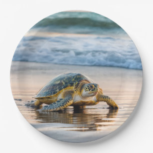 Turtle Walking On Wet Beach Sand Paper Plate