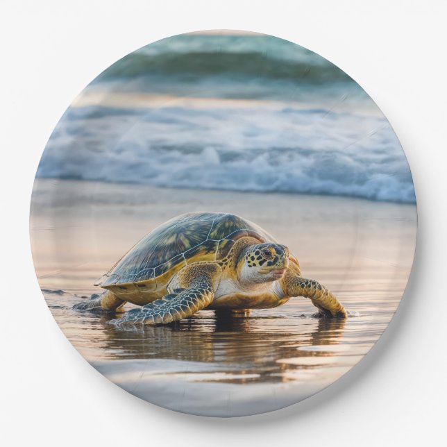 Turtle Walking On Wet Beach Sand Paper Plate (Front)