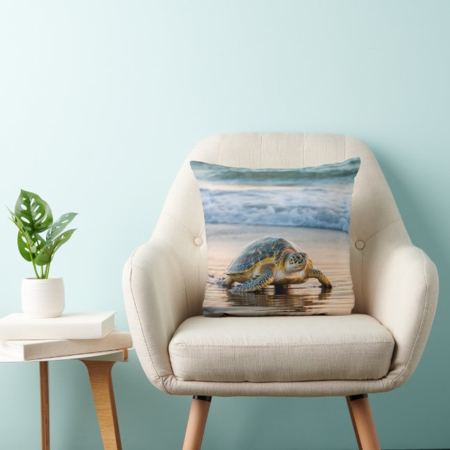Turtle Walking On Wet Beach Sand Throw Pillow (Chair)