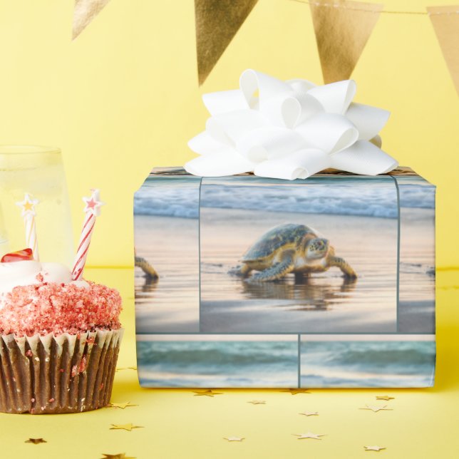 Turtle Walking On Wet Beach Sand Wrapping Paper (Birthday Party)