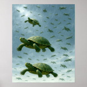 Turtle Wall Art, Happy Turtle in the Rain Art  Poster