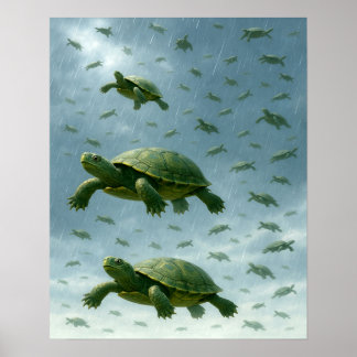 Turtle Wall Art, Happy Turtle in the Rain Art Poster
