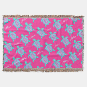 Turtle watercolor art name pattern pink aqua throw