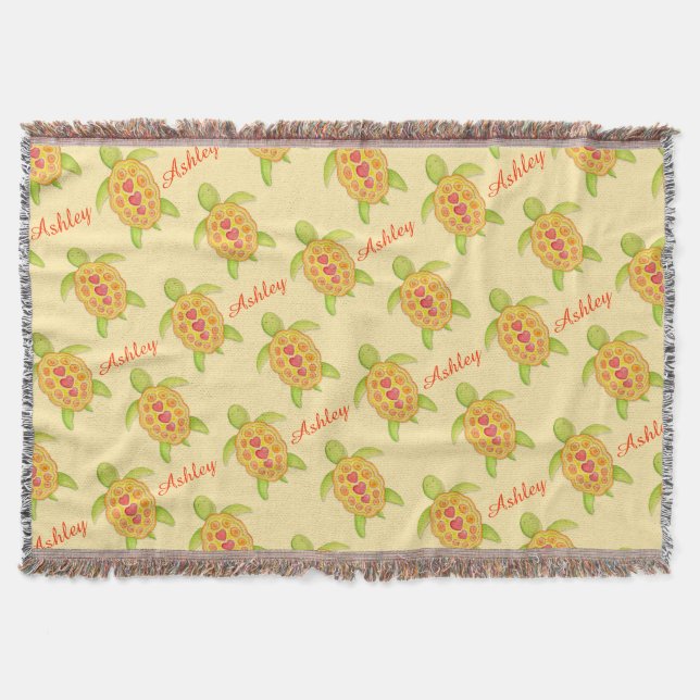 Turtle watercolor art name pattern yellow throw (Front)