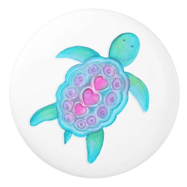Turtle whimsical watercolor art doorknob ceramic knob (Front)