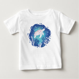 Turtle with Corals in Ocean Paper Art Illustration Baby T-Shirt
