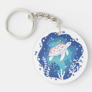 Turtle with Corals in Ocean Paper Art Illustration Keychain