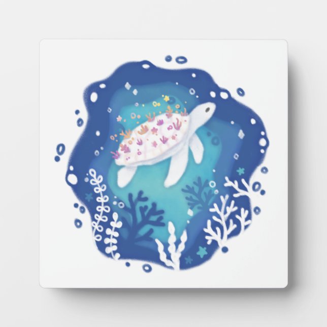 Turtle with Corals in Ocean Paper Art Illustration Plaque (Front)