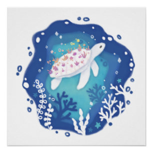 Turtle with Corals in Ocean Paper Art Illustration Poster