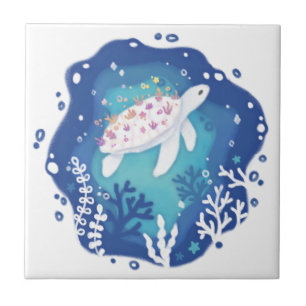 Turtle with Corals in Ocean Paper Art Illustration Tile