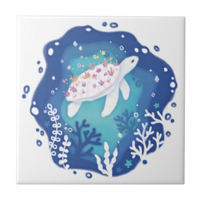 Turtle with Corals in Ocean Paper Art Illustration Tile (Front)