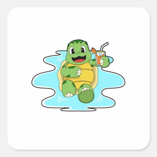 Turtle with Drink in Water Square Sticker (Front)