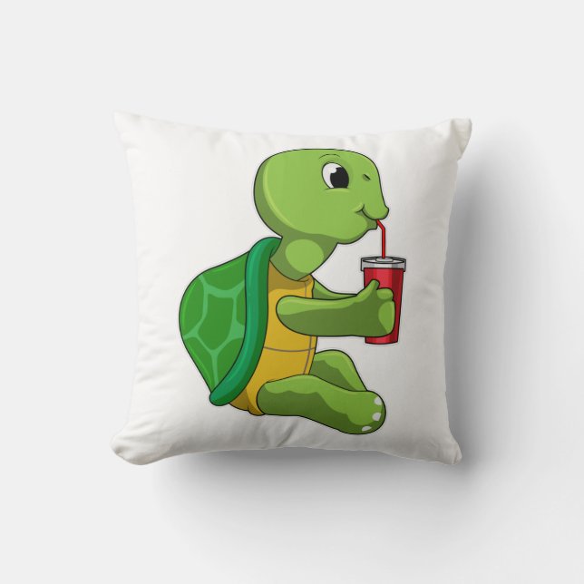 Turtle with Drinking mug with Straw Throw Pillow (Front)
