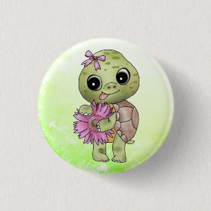 Turtle with flower 1 inch round button