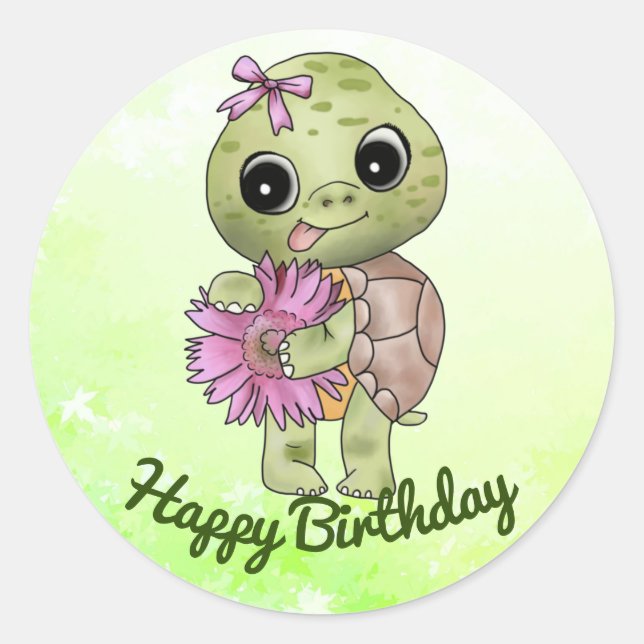 Turtle with flower classic round sticker (Front)