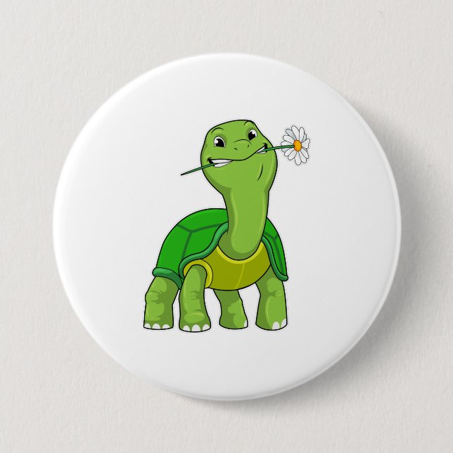 Turtle with Flower Daisy 3 Inch Round Button (Front)