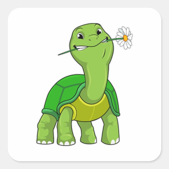 Turtle with Flower Daisy Square Sticker (Front)
