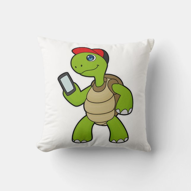 Turtle with Phone & Hat Throw Pillow (Front)