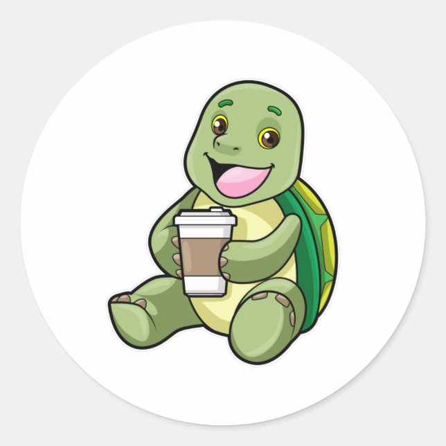 Turtle with Shell & Coffee to go Classic Round Sticker (Front)