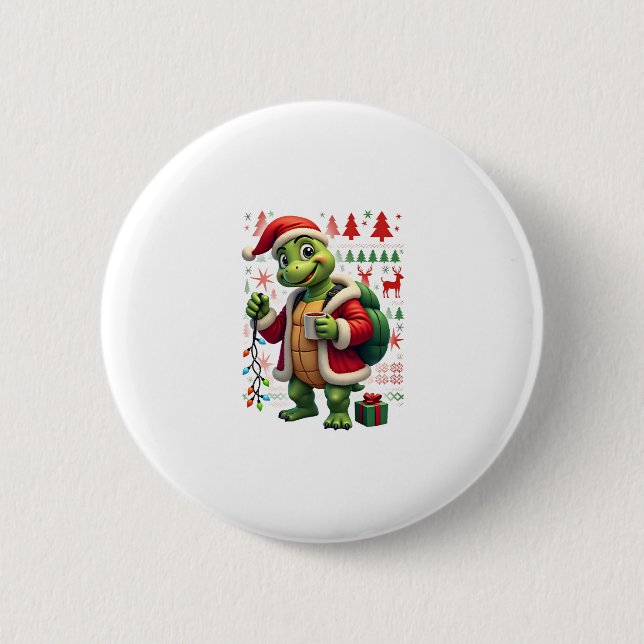 Turtle Xmas Lights Ugly Santa Turtle Christmas Tan 2 Inch Round Button (Front)
