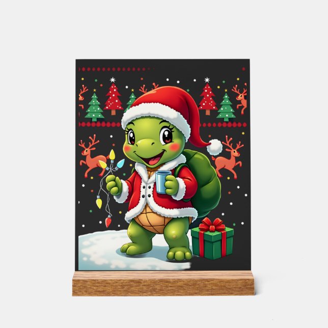 Turtle Xmas Lights Ugly Santa Turtle Christmas Tan Acrylic Sign (Front)