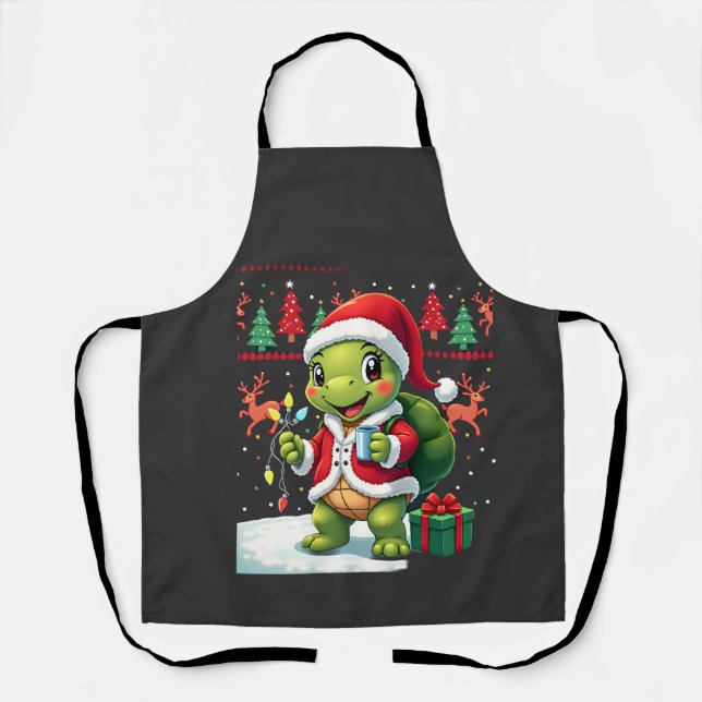 Turtle Xmas Lights Ugly Santa Turtle Christmas Tan Apron (Front)