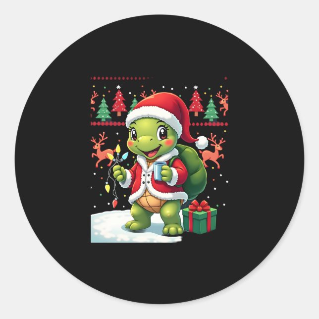 Turtle Xmas Lights Ugly Santa Turtle Christmas Tan Classic Round Sticker (Front)