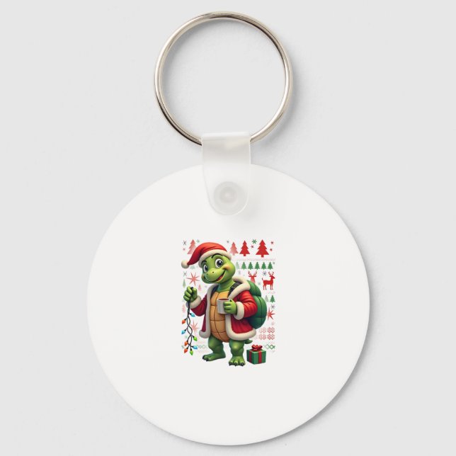 Turtle Xmas Lights Ugly Santa Turtle Christmas Tan Keychain (Front)