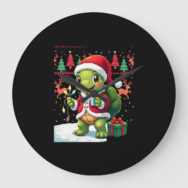 Turtle Xmas Lights Ugly Santa Turtle Christmas Tan Large Clock (Front)