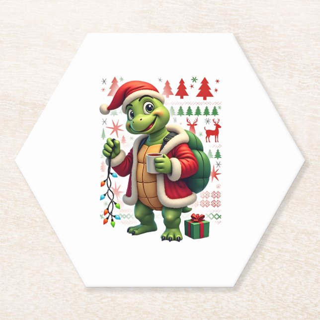 Turtle Xmas Lights Ugly Santa Turtle Christmas Tan Paper Coaster (Front)