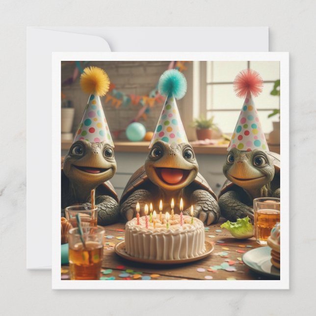 Turtles celebrating birthday with cake and hats invitation (Front)