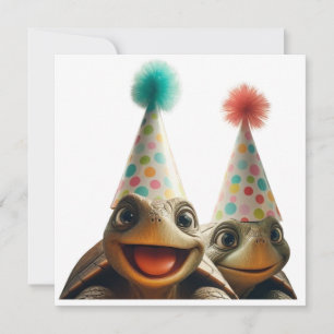 Turtles celebrating birthday with cake and hats invitation