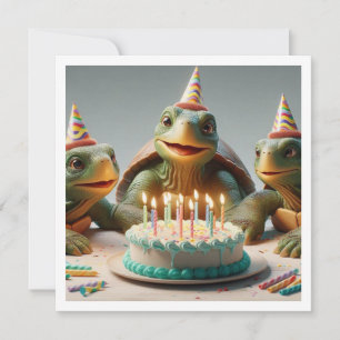 Turtles celebrating birthday with cake and hats invitation