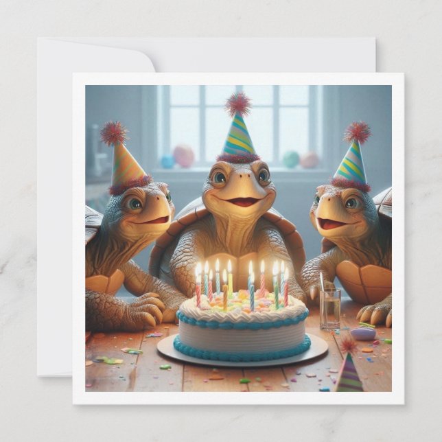 Turtles celebrating birthday with cake and hats invitation (Front)