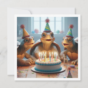 Turtles celebrating birthday with cake and hats invitation