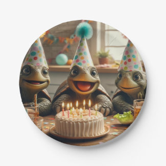 Turtles celebrating birthday with cake and hats paper plate