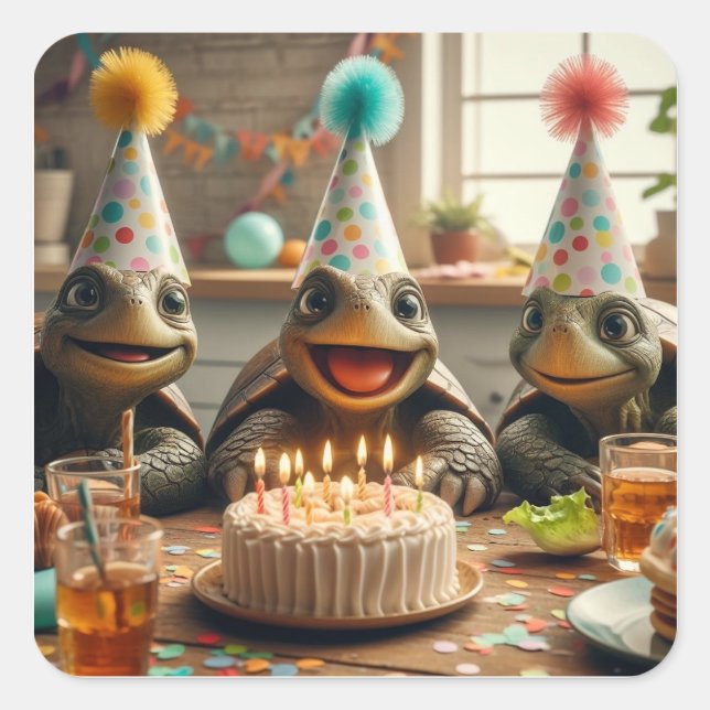 Turtles celebrating birthday with cake and hats square sticker (Front)